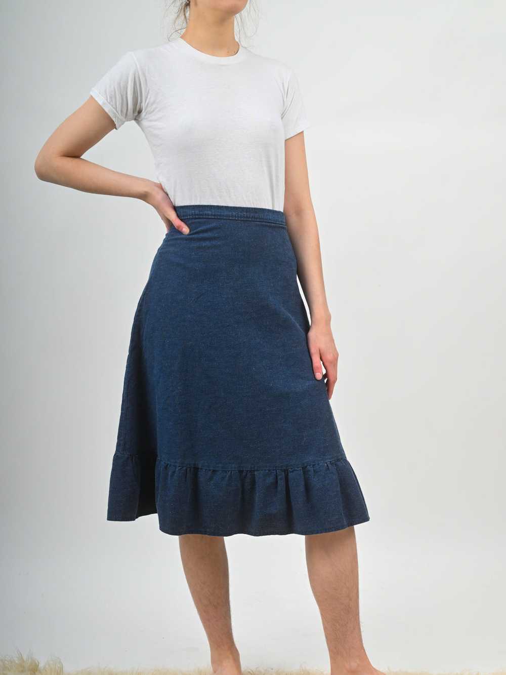 1970s Darkwash Denim Tiered Ruffle Midi Skirt - image 1