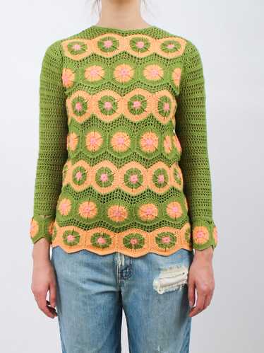 1970s Crochet Green and Peach Sweater