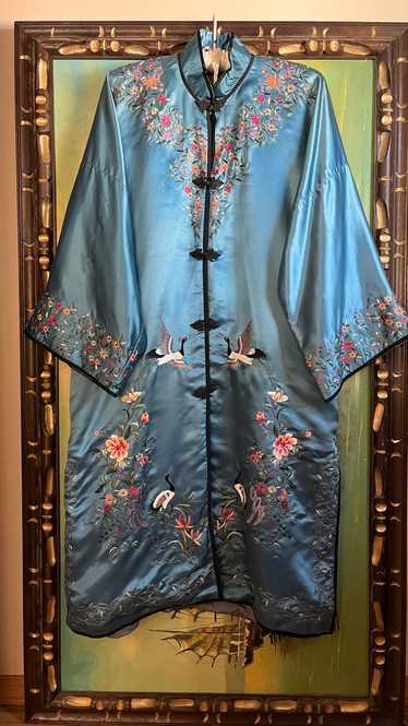 Deadstock Embroidered Blue Silk Chinese Robe