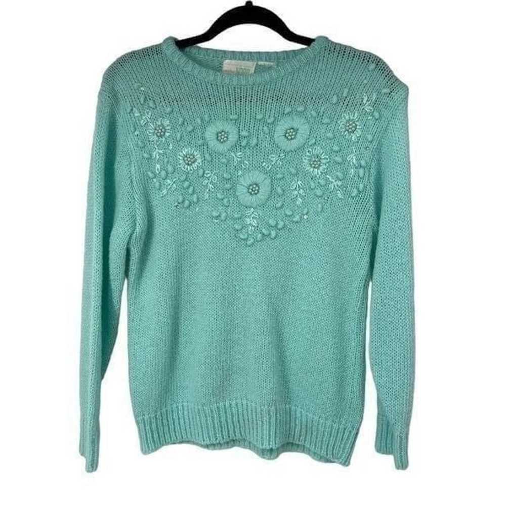 Vintage Turquoise Embroidered Flowers Sweater - image 1