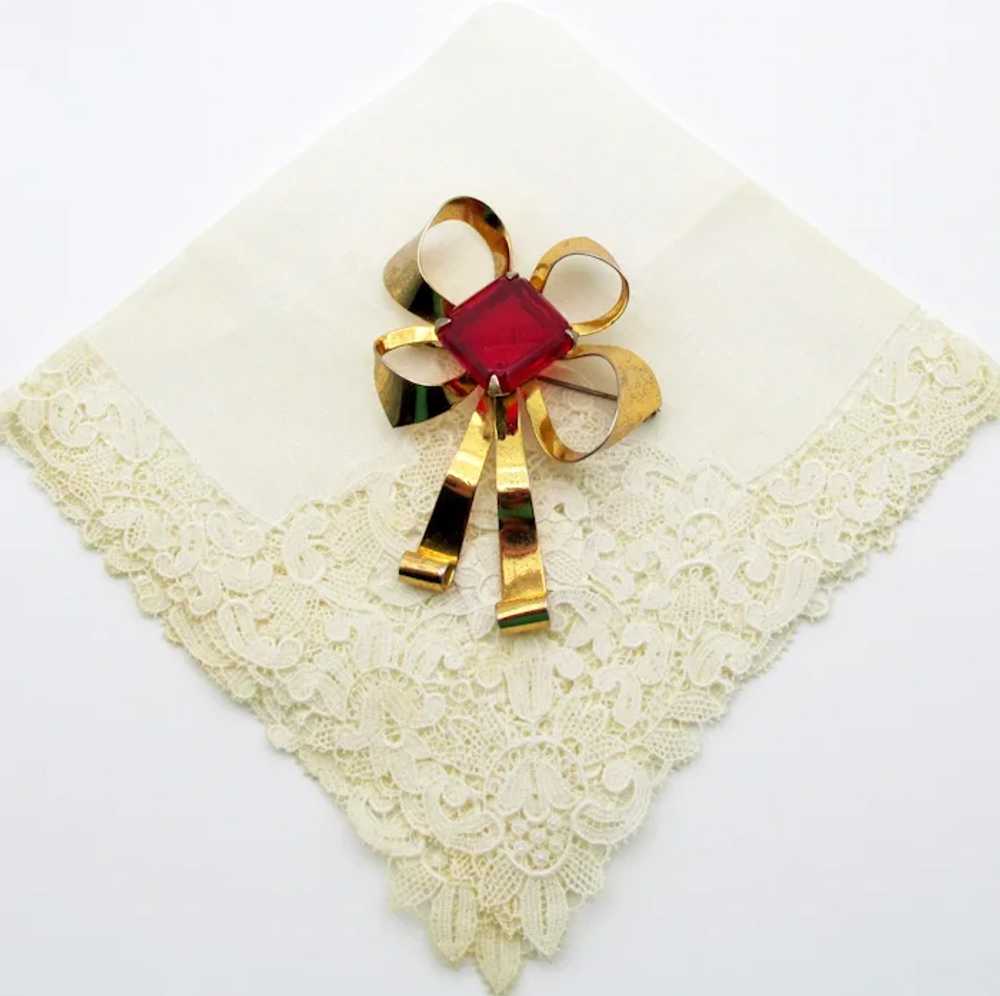 Gold Over Sterling  Red Rhinestone Bow Brooch - image 2