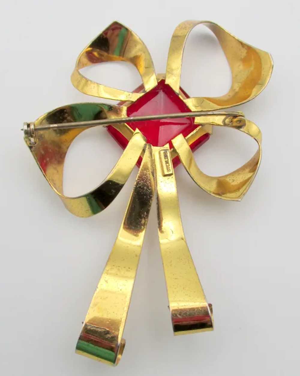 Gold Over Sterling  Red Rhinestone Bow Brooch - image 5