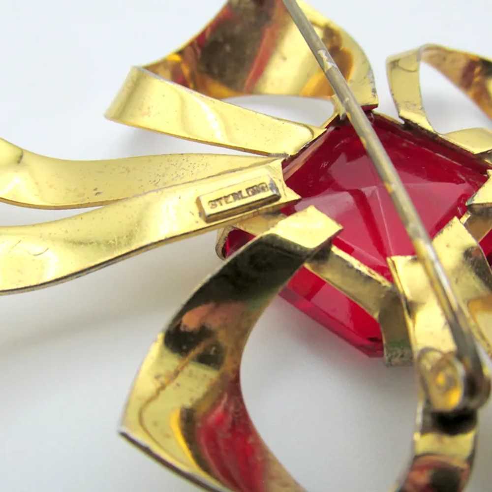 Gold Over Sterling  Red Rhinestone Bow Brooch - image 6