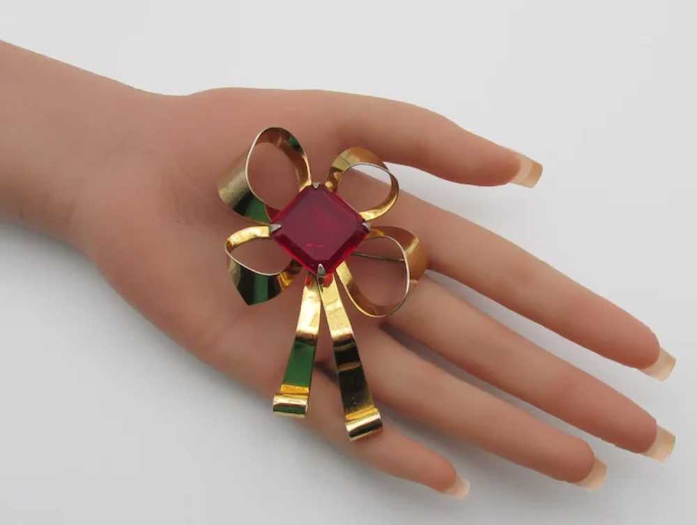 Gold Over Sterling  Red Rhinestone Bow Brooch - image 7