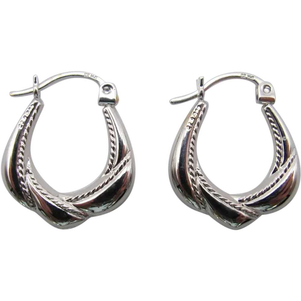 Fancy Puffy Scallop Hoops Earrings, 14k White Gold - image 1