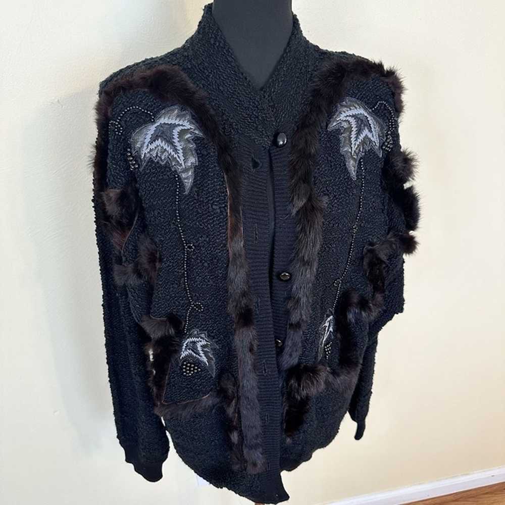 Vintage Viridiana Black Knit Cardigan Faux Fur Tr… - image 1