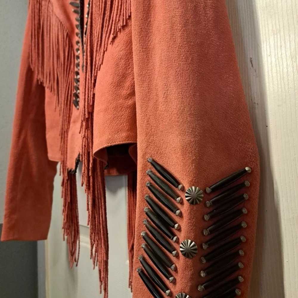 Vintage Fringe Leather Jacket Coral Pink Western … - image 4