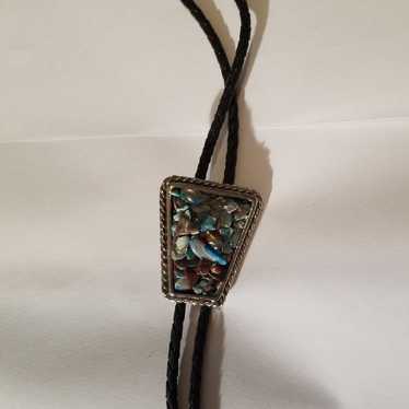 Vintage Western Bolo Tie Turquoise Stone Chips Ha… - image 1