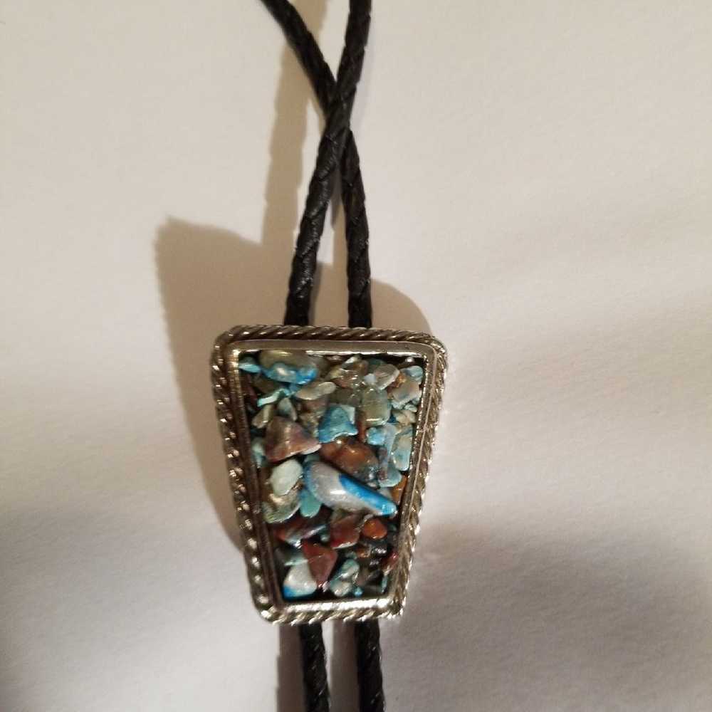 Vintage Western Bolo Tie Turquoise Stone Chips Ha… - image 2