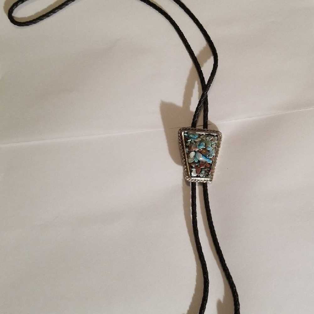 Vintage Western Bolo Tie Turquoise Stone Chips Ha… - image 6