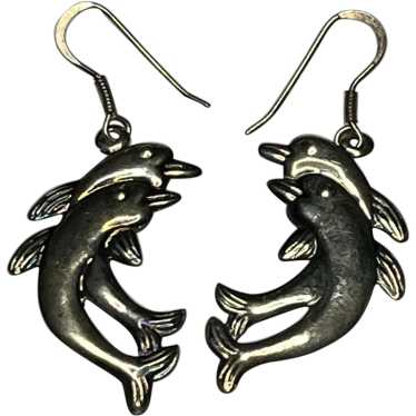 Estate Sterling Silver Double Dolphin Earrings