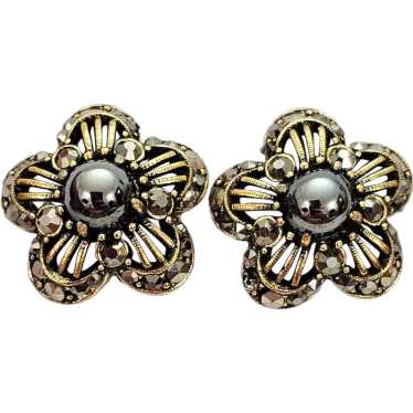 Weiss Gold Tone Marcasite Flower Clip On Earrings,