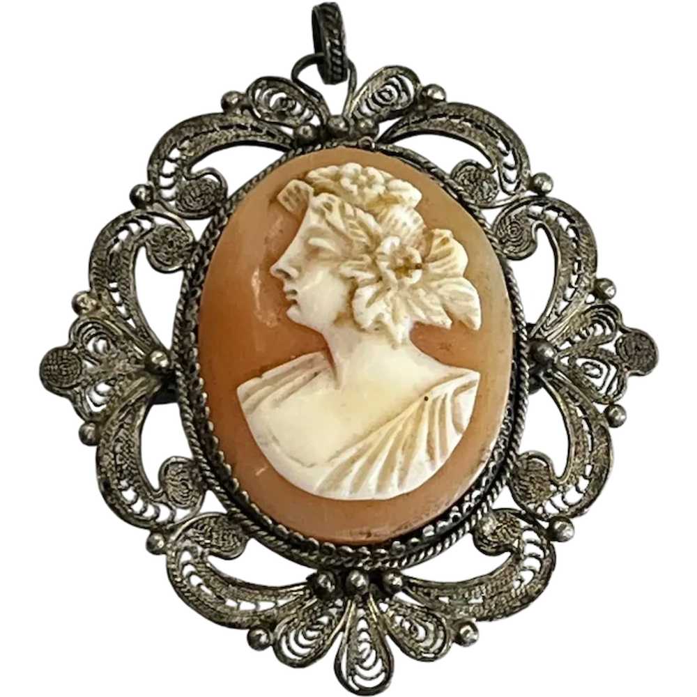 Vintage Silver Filigree Shell Cameo Pendant/ Broo… - image 1