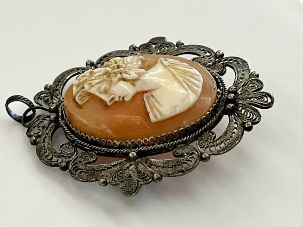 Vintage Silver Filigree Shell Cameo Pendant/ Broo… - image 4