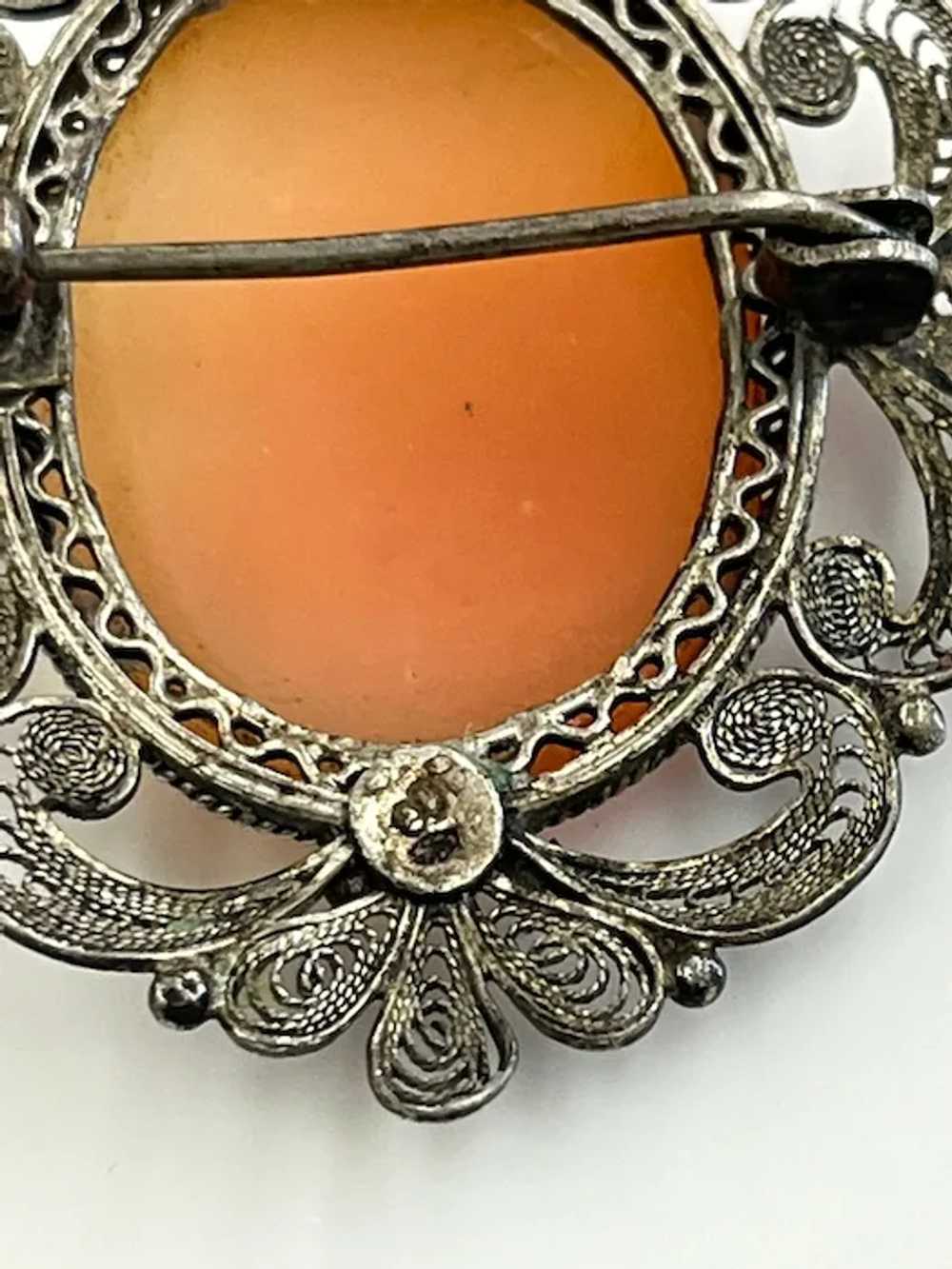 Vintage Silver Filigree Shell Cameo Pendant/ Broo… - image 6