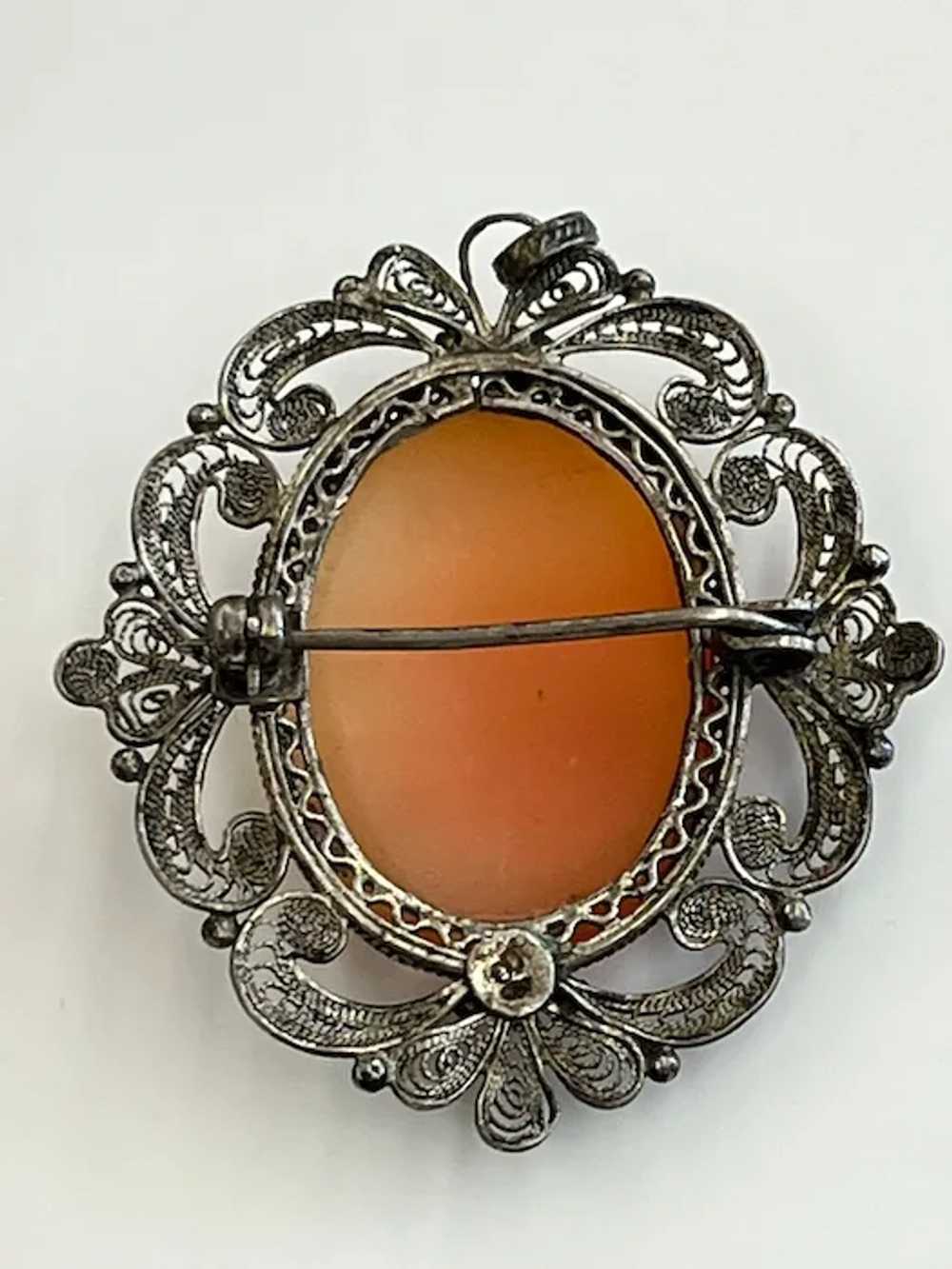 Vintage Silver Filigree Shell Cameo Pendant/ Broo… - image 7