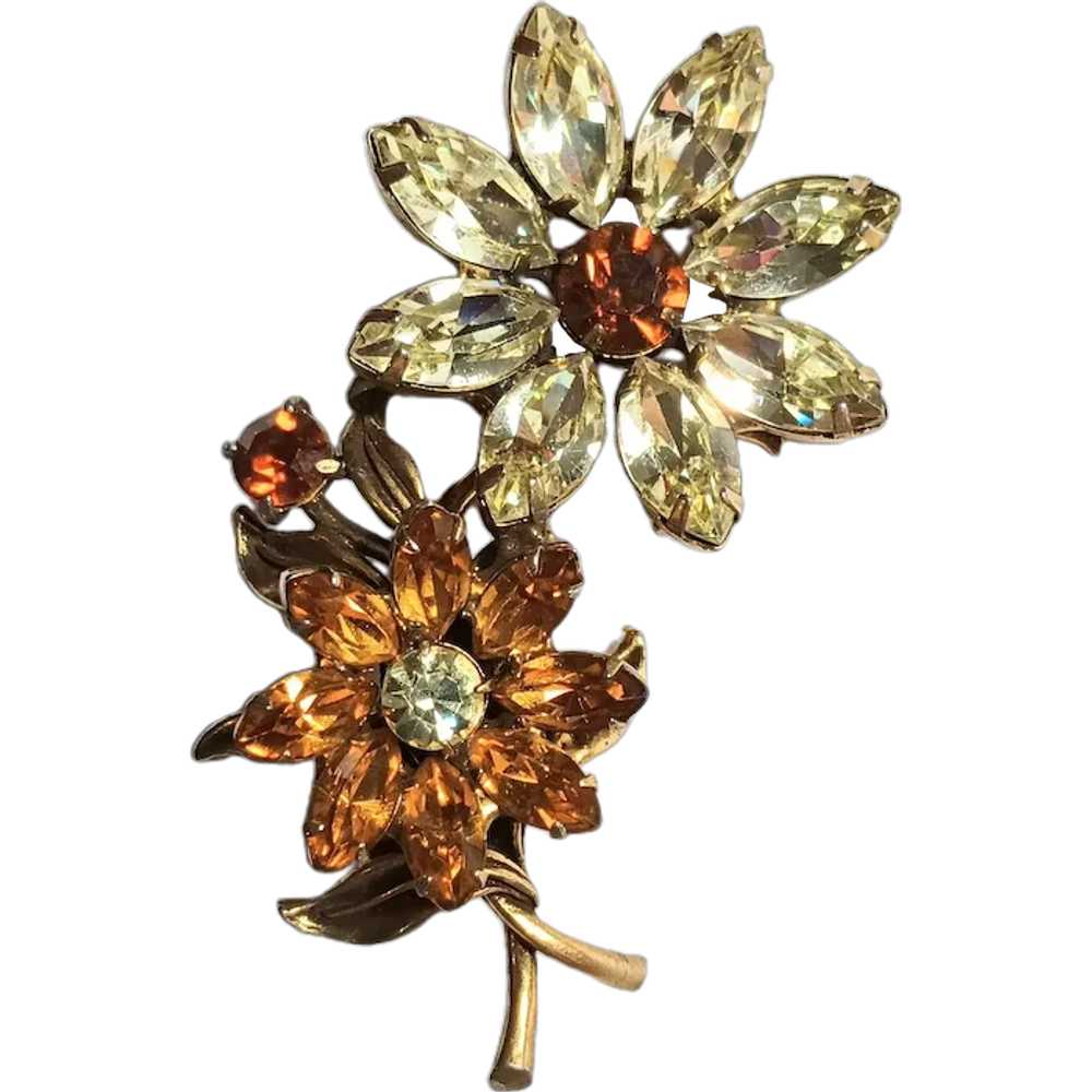 Rhinestone flowers pin yellow and honey amber col… - image 1