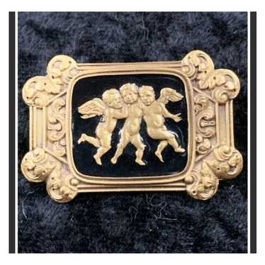 1 Vintage Cherub Brooch Pin Angels Black Gold Ton… - image 1