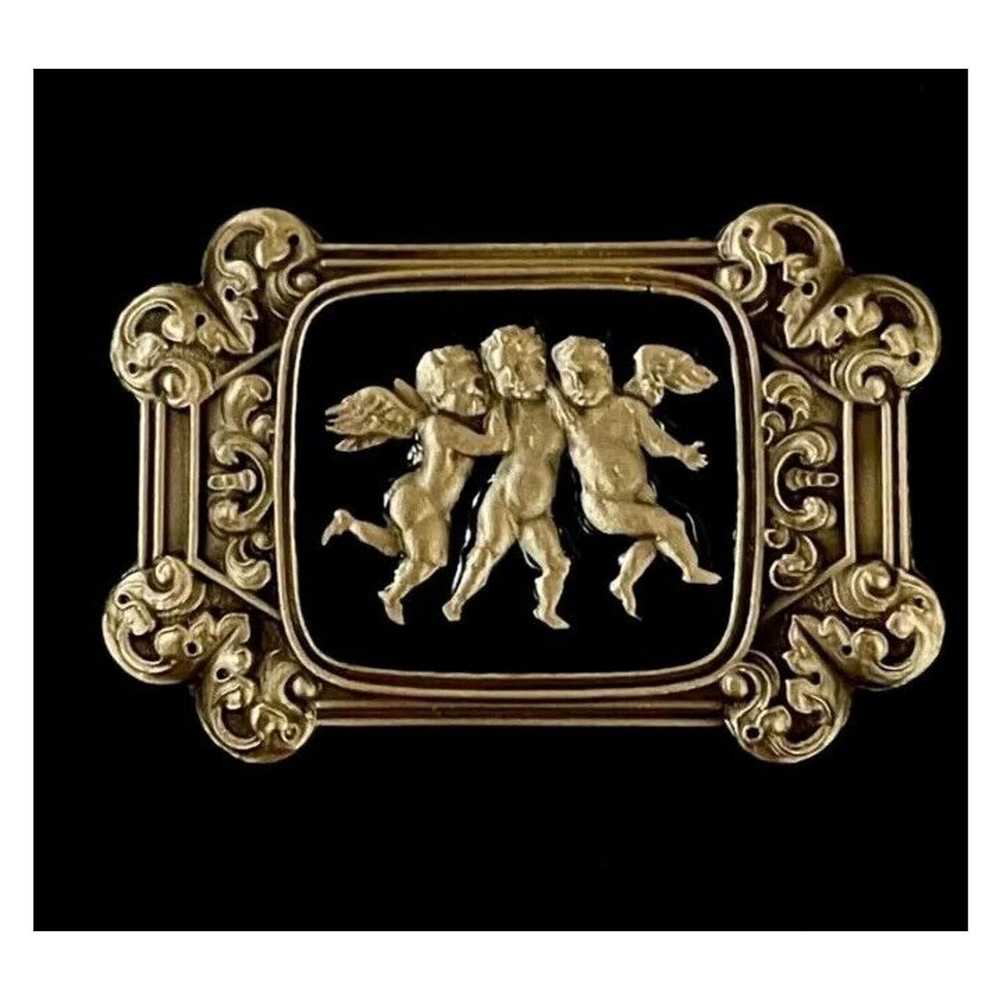 1 Vintage Cherub Brooch Pin Angels Black Gold Ton… - image 3