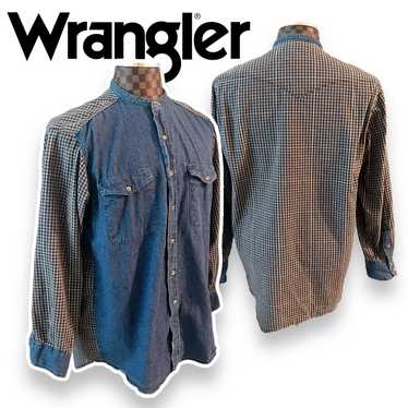 Wrangler Collarless Denim Western Shirt Blue Plai… - image 1