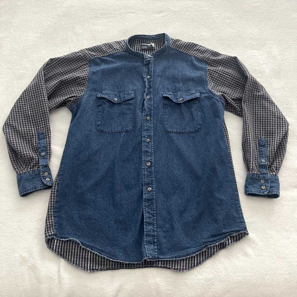 Wrangler Collarless Denim Western Shirt Blue Plai… - image 9