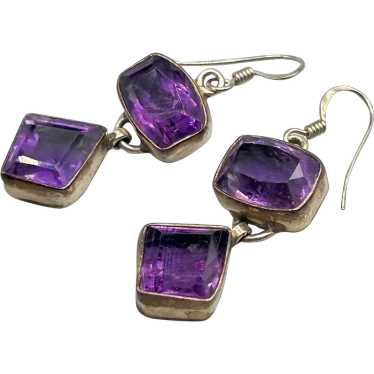 Sterling Silver 925 Amethyst Glass Earrings Dangle