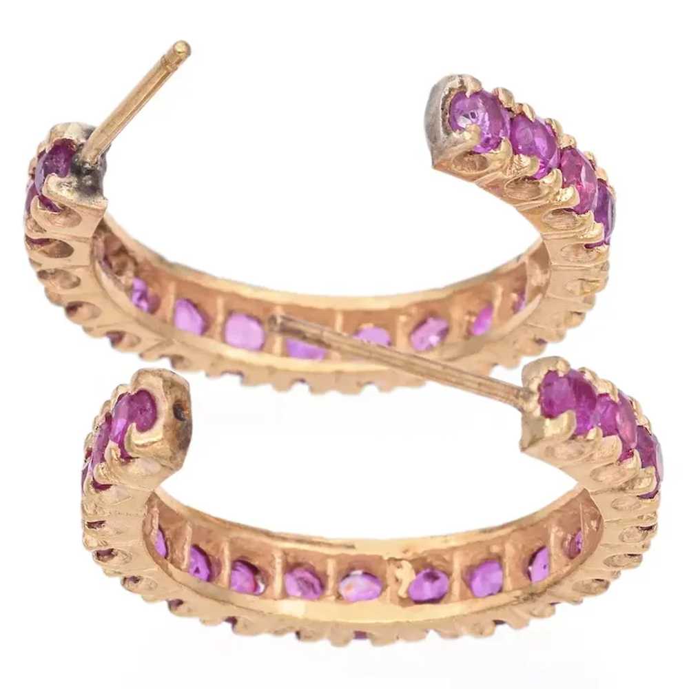 14K Gold 3.6 TCW Pink Sapphire Hoop Earrings - image 2