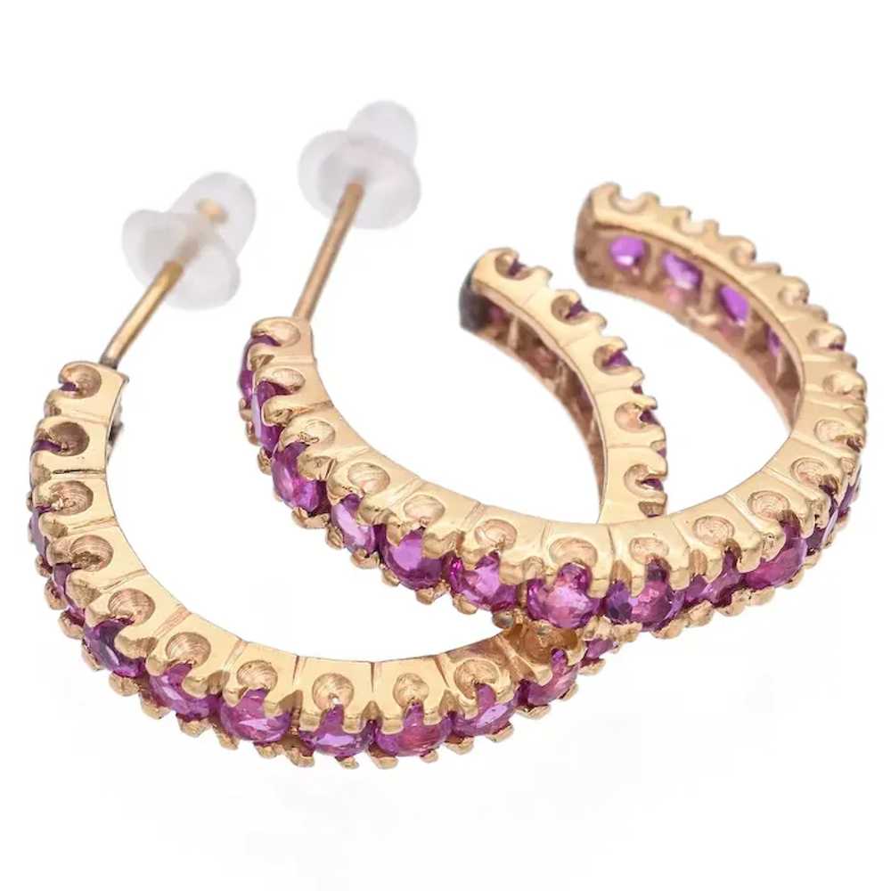 14K Gold 3.6 TCW Pink Sapphire Hoop Earrings - image 3