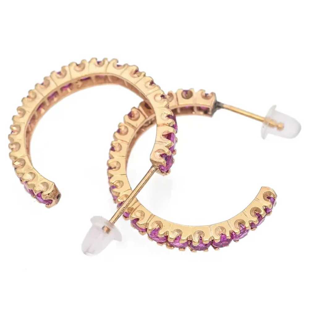 14K Gold 3.6 TCW Pink Sapphire Hoop Earrings - image 4