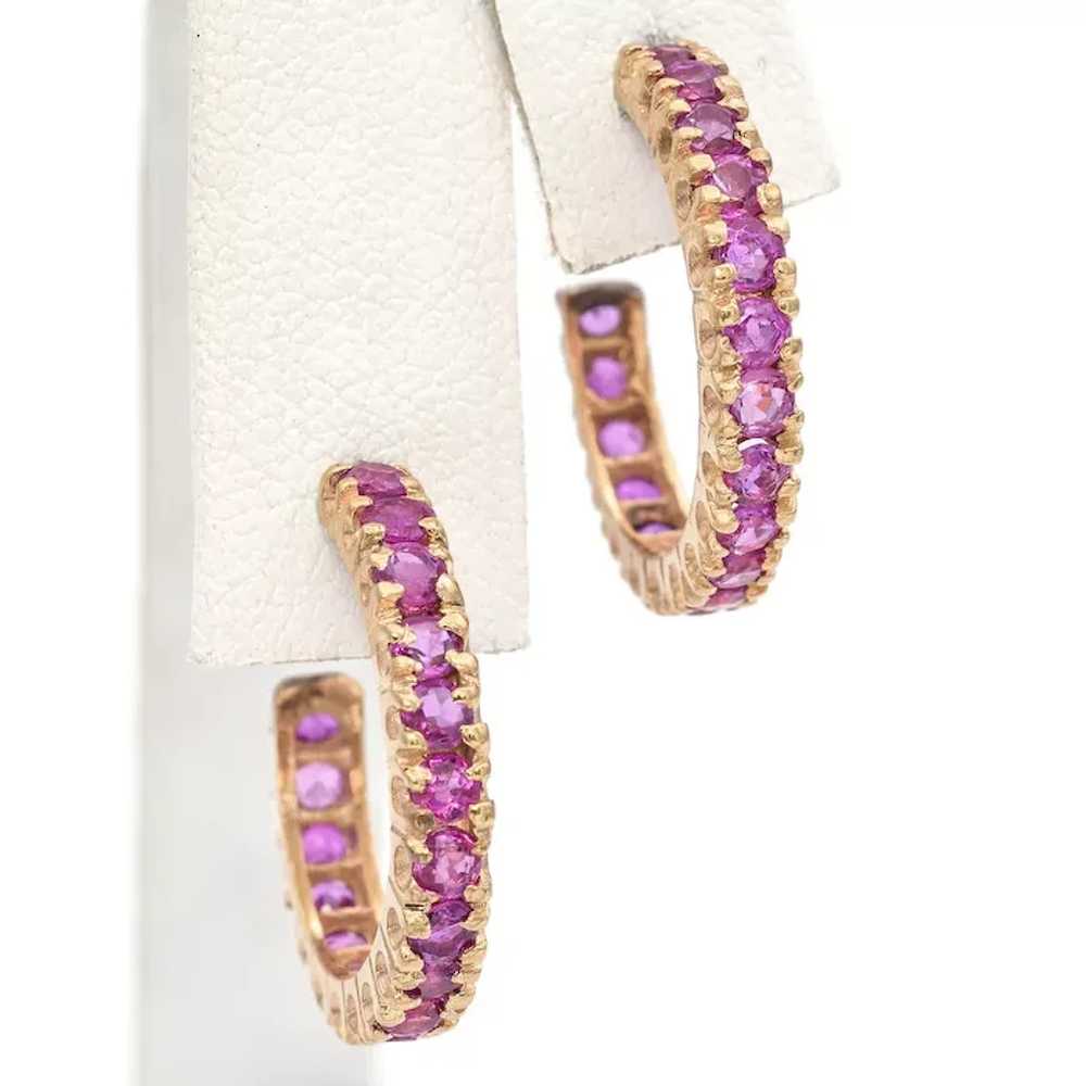 14K Gold 3.6 TCW Pink Sapphire Hoop Earrings - image 5