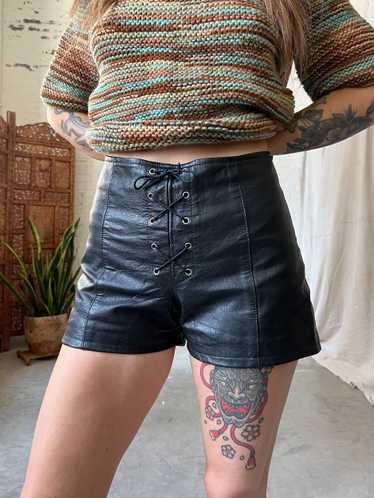 Vintage 90s Black Leather Faux Lace-Up Shorts, Siz