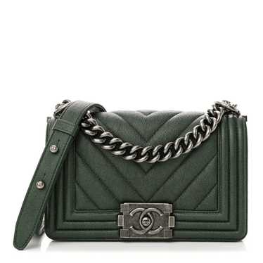 CHANEL Caviar Chevron Quilted Small Boy Flap Green - image 1