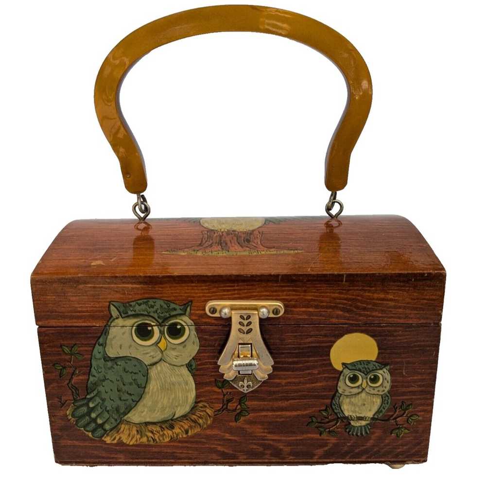 VTG Wooden Box Purse Owl Decoupage & Bakelite Han… - image 1