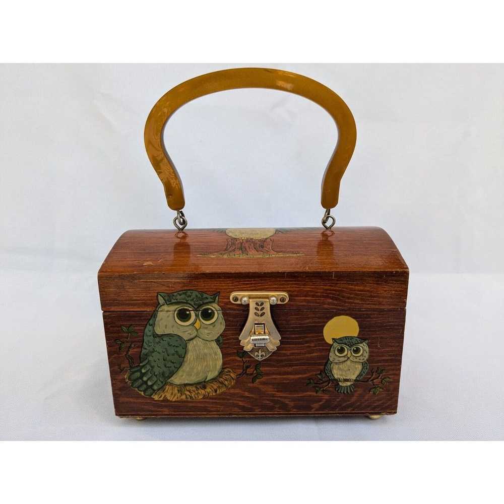 VTG Wooden Box Purse Owl Decoupage & Bakelite Han… - image 2