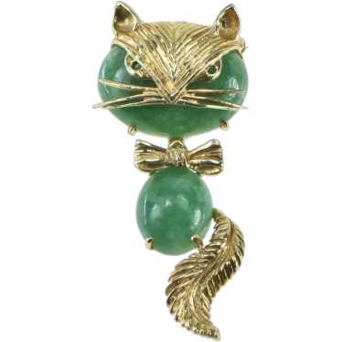 14K 1960's Vintage Jade Cat Kitten Drop Dangle Pi… - image 1