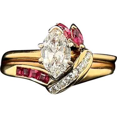 .55ct. Diamond Vintage Wedding Ring Set with Ruby 