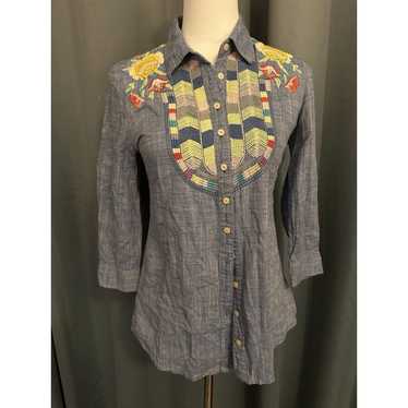 Johnny Was Workshop Embroidered Denim Shirt With … - image 1