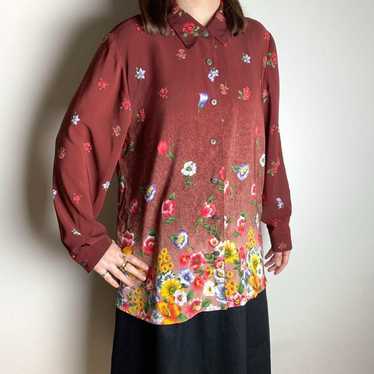 【Blouse Shirt Retro Floral Print Wine Red Ladies V