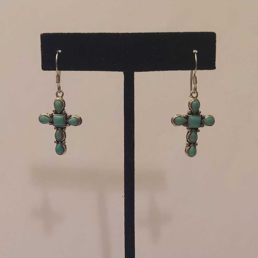 Vintage 925 Sterling Silver Turquoise Cross Earri… - image 1