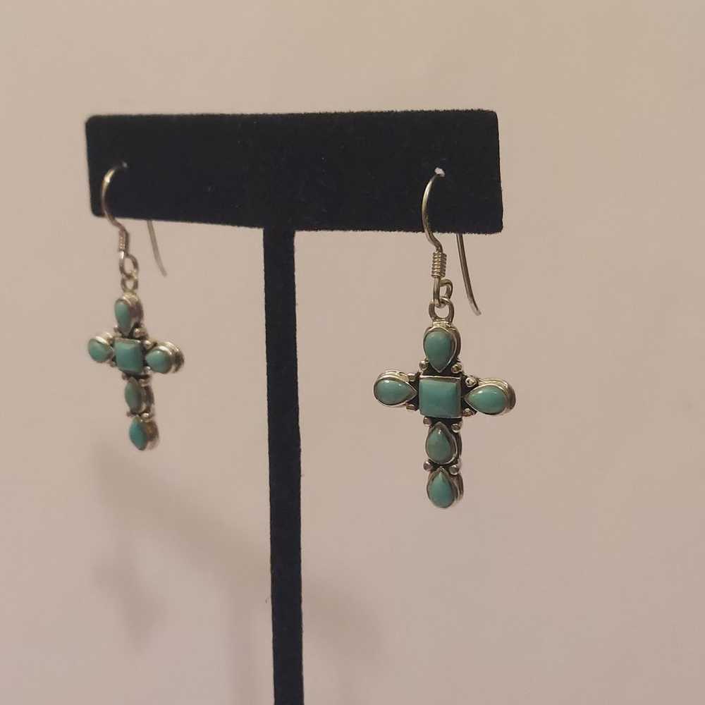 Vintage 925 Sterling Silver Turquoise Cross Earri… - image 3