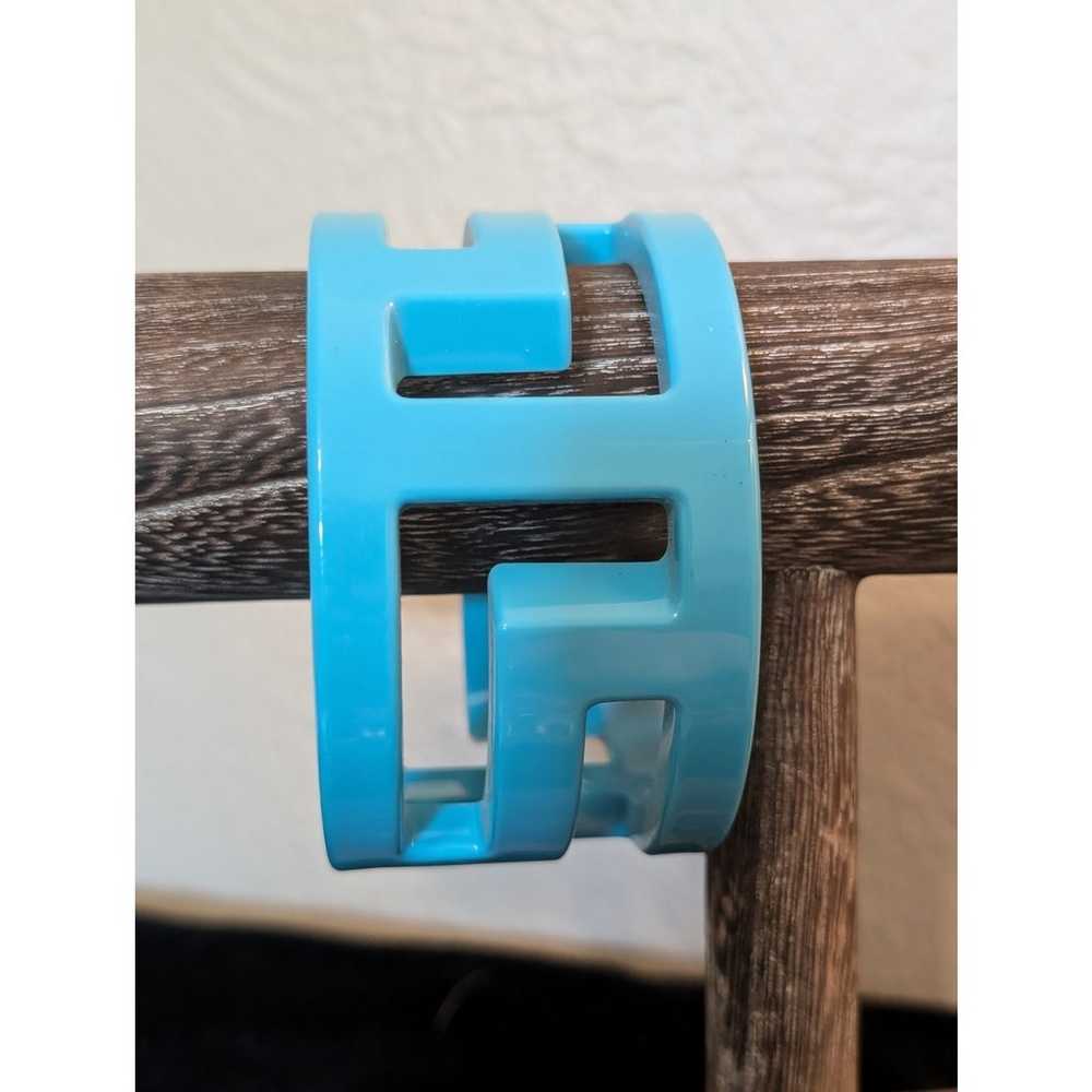 Vintage Lucite Aqua Greek Key Wide Bangle Bracelet - image 1