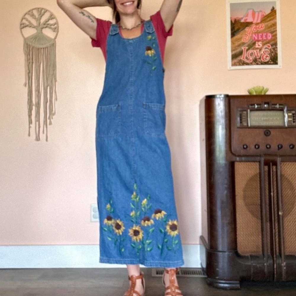 VTG Hand Painted Sunflower Denim Dress - image 1