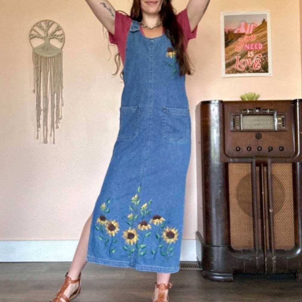 VTG Hand Painted Sunflower Denim Dress - image 2