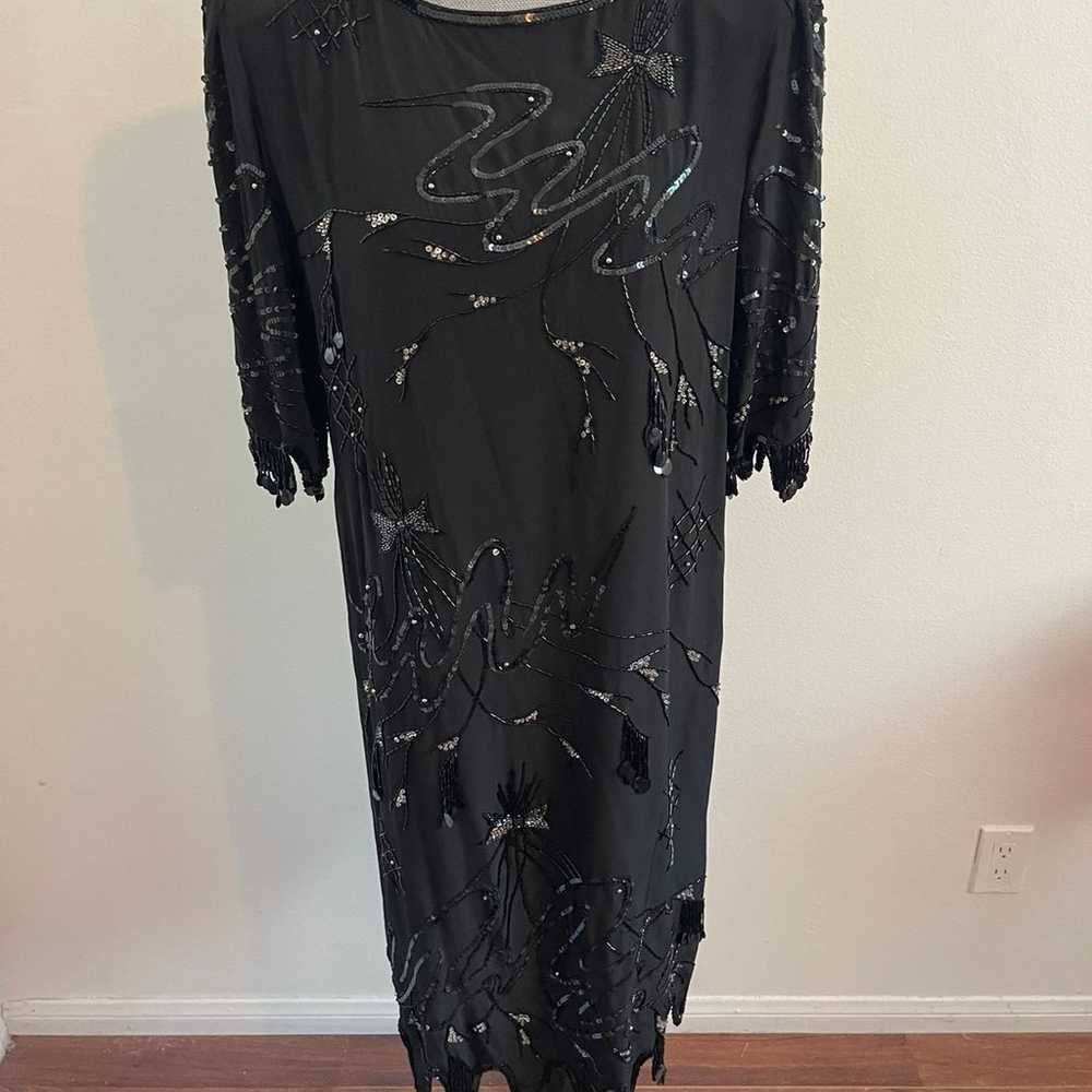 VTG Argenti Beaded 100% silk Black Midi Dress - image 1