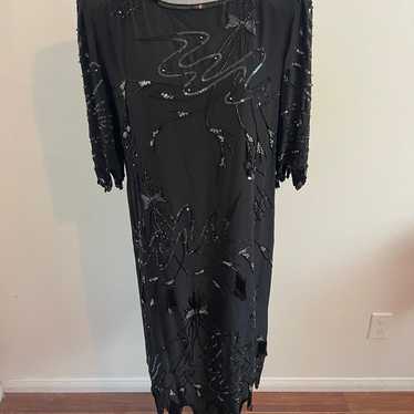 VTG Argenti Beaded 100% silk Black Midi Dress - image 1