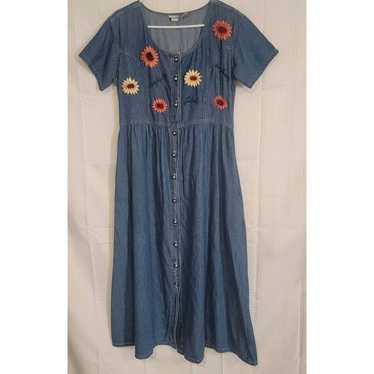 Jane Ashley VTG Denim Embroidered sunflower dress… - image 1