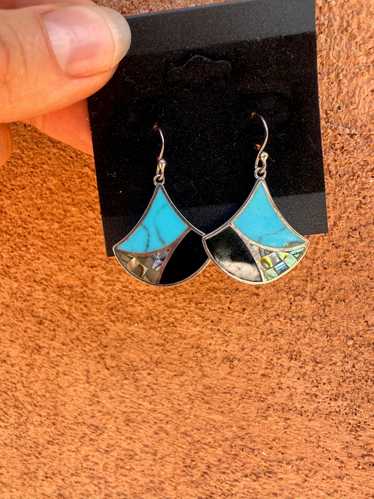 Fan Turquoise, Onyx and Shell Earrings - image 1