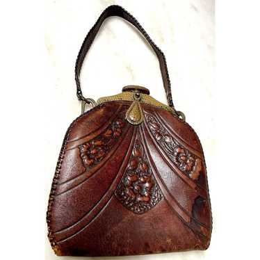 Antique Tooled Leather Handbag Clutch Purse READ Brown Small Bag outlet Art Nouveau 8in