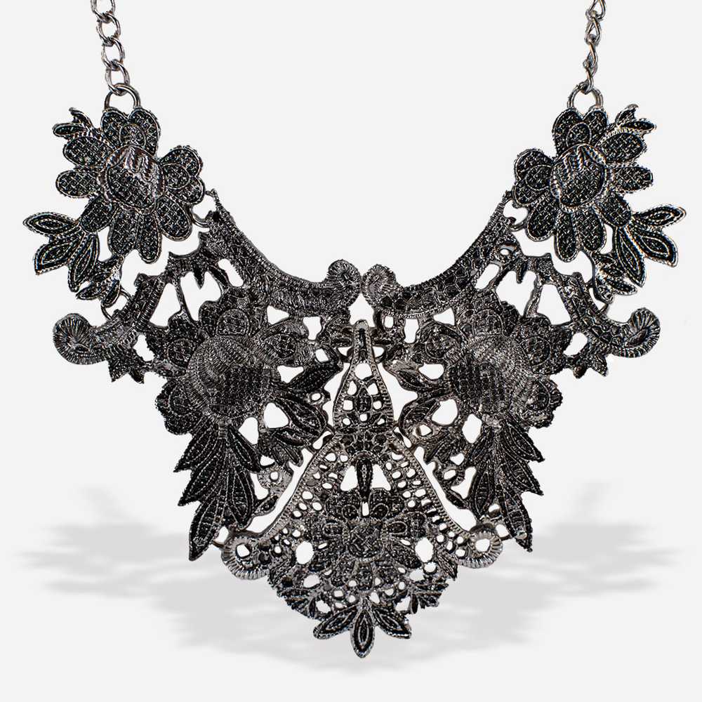 Vintage Silver Bib Necklace | Floral Lace Design - image 1