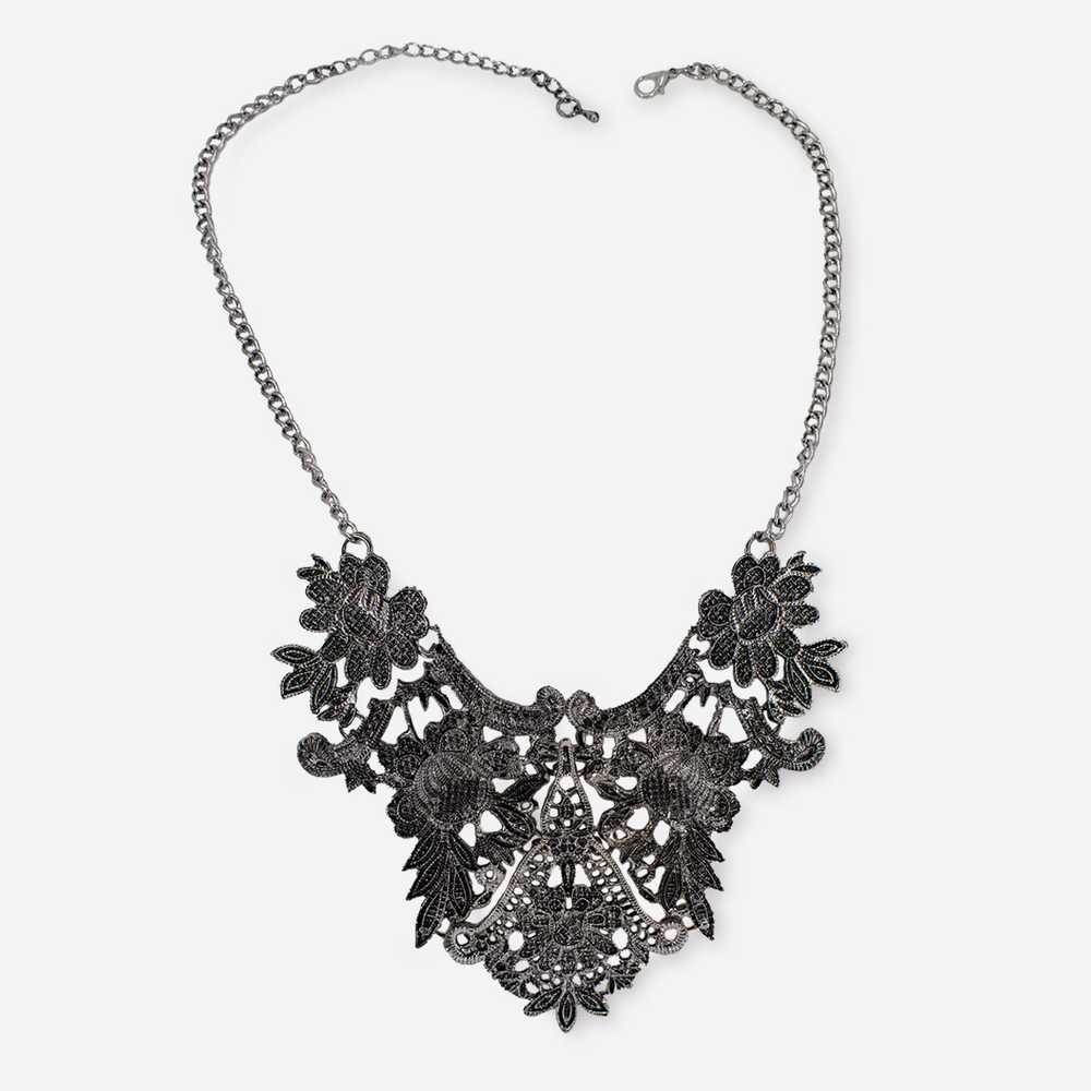 Vintage Silver Bib Necklace | Floral Lace Design - image 2